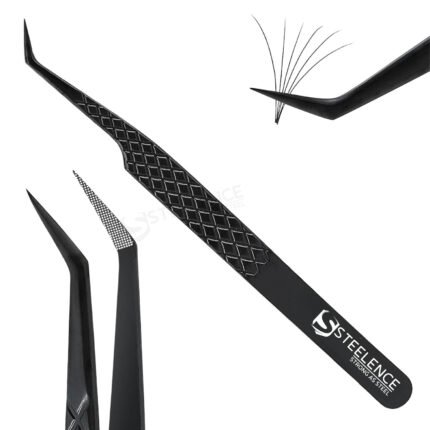 45 degree angled eyelash tweezers in black with fiber tip for volume lashes, professional wholesale lash tool