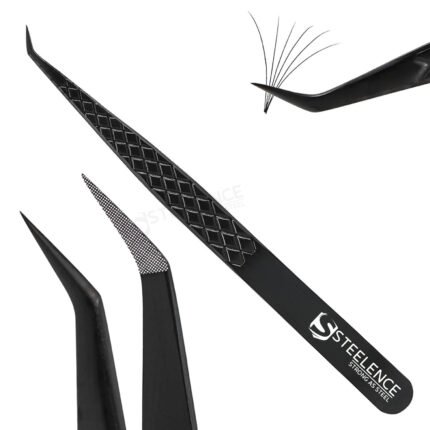 45 degree black eyelash tweezers with fiber tip and diamond grip for professional lash application use salons
