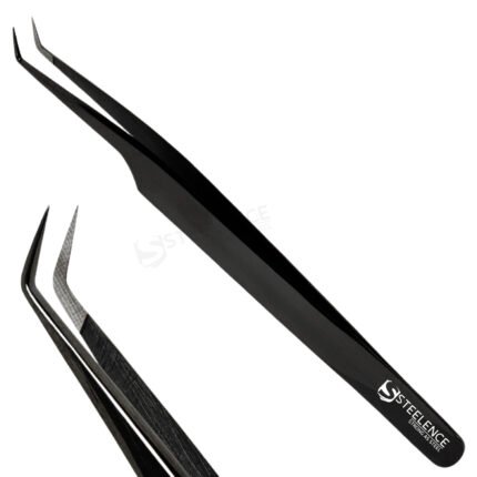 black plasma eyelash tweezers with custom logo, 45 degree angled fiber tip for precise volume lash extension work