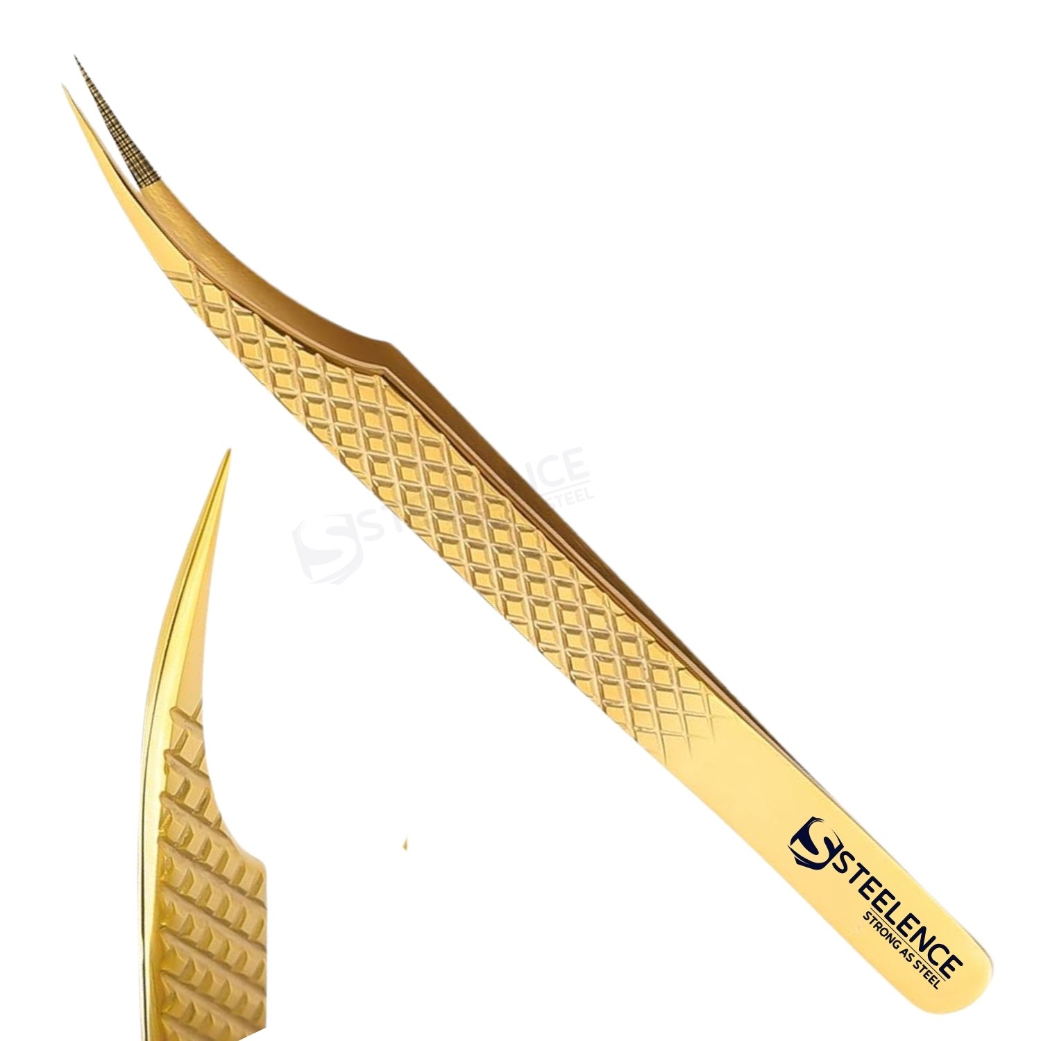 diamond-grip-eyelash-tweezers Diamond grip straight point eyelash tweezers with plasma gold finish for professional bulk manufacturing