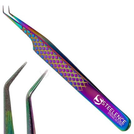 Custom 5mm fiber tip lash extension tweezers with diamond grip handle,rainbow plasma finish, 45 degree angle for professional use