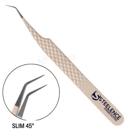 ALT TEXT 80-120 Hand tested 45 degree volume eyelash tweezers with diamond grip handle, fiber tip, precision tips for lash manufacturers