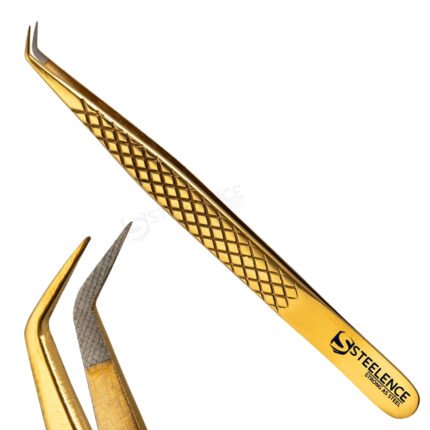 Japanese stainless steel 45 degree eyelash tweezers with plasma gold finish, diamond grip handle for bulk and custom orders