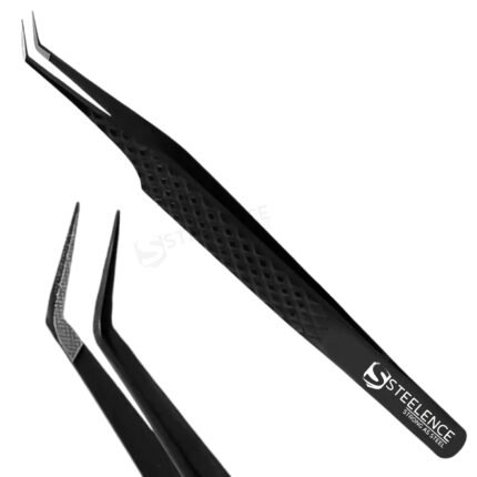 Personalised eyelash tweezers manufactured in Sialkot Pakistan with 45 degree angle, black plasma finish, fiber tip and diamond grip