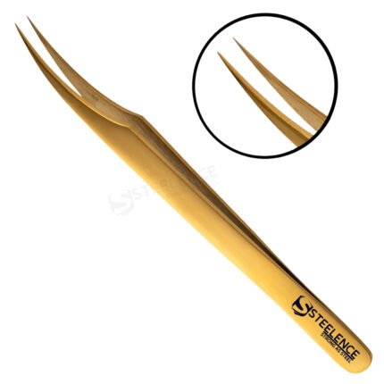 Straight point gold lash tweezers manufactured for professional salons, OEM supply, and private label brands